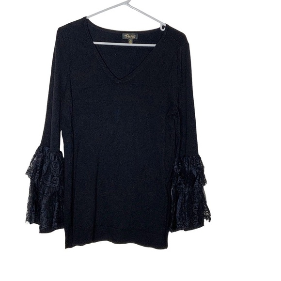 THALIA Sodi black V neck blouse with lace sleeves. Size M - Picture 1 of 7